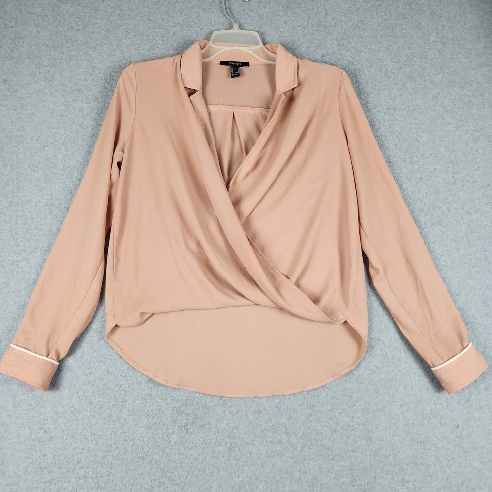 Forever 21 Blouse Top Womens Small Peach Piping Cuff Wrap Front High Low Hem